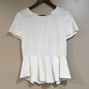 DKNY Silk Peplum Blouse Womens‎ S Ivory Cream Classic Top Preppy Lagom Old Money